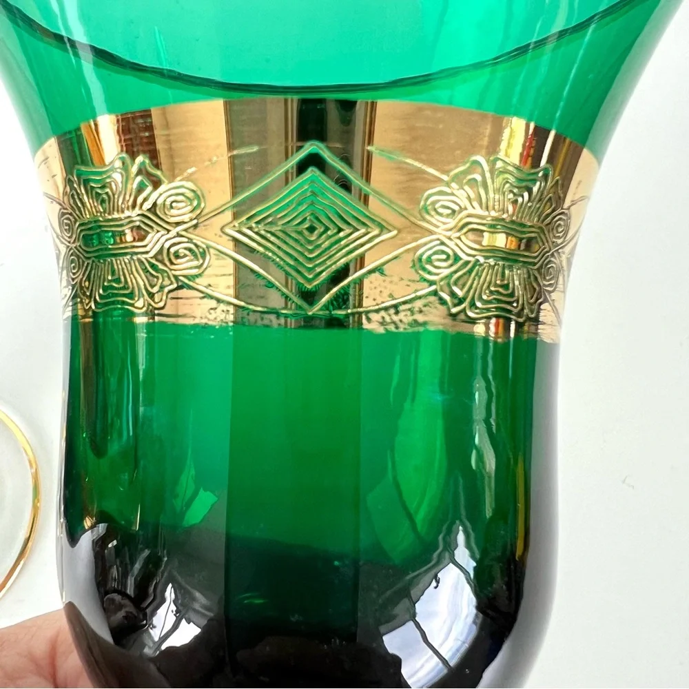 Vintage Goblet 3pc Set Emerald Green 24k Gold Plated Italian Style Wine Glass